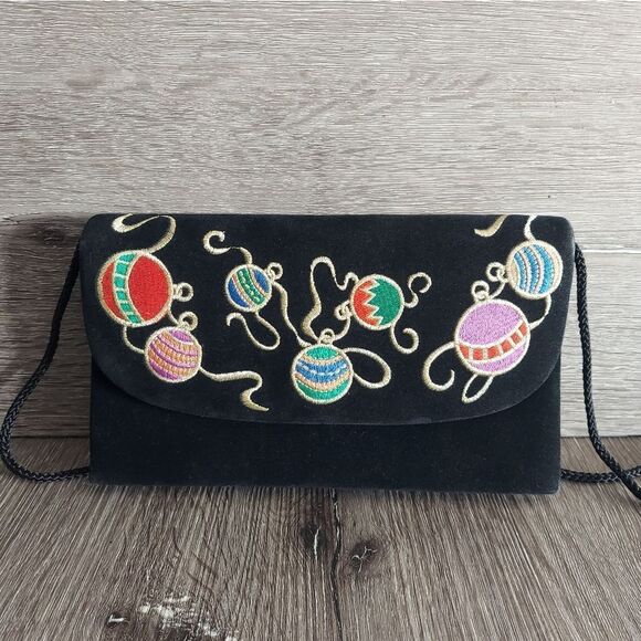 Vintage / Retro Christmas Tree Ornament Velvet Embroidered Purse / Handbag  - Picture 1 of 6